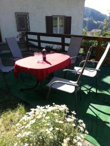 una mesa roja y sillas en un patio en Ferienwohnung in ruhiger Lage am Waldrand - b55795, en Navis