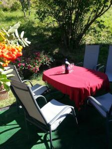 una mesa con un mantel rojo en el patio en Ferienwohnung in ruhiger Lage am Waldrand - b55795, en Navis