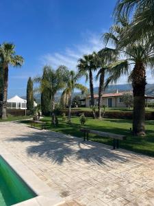 un parc avec des bancs et des palmiers ainsi qu'une maison dans l'établissement Villa Arianna, à Cori
