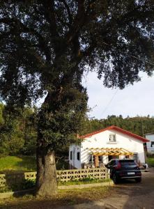 un coche aparcado frente a una casa con un árbol en Ferienhaus für 3 Personen 1 Kind ca 86 qm in La Franca, Costa Verde Spanien Küste von Asturien, en La Franca