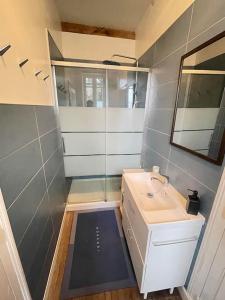 La petite salle de bains est pourvue d'un lavabo et d'un miroir. dans l'établissement La cigalienne, à Treignac