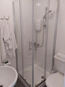 ein Bad mit einer Dusche und einem WC in der Unterkunft Storrbeck Guest House in Whitby