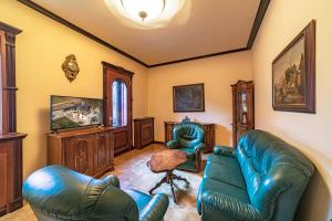 Regent Club Vila Tereza في ترينتشياسكي تيبليسي: غرفة معيشة مع أريكة جلدية خضراء وكراسي