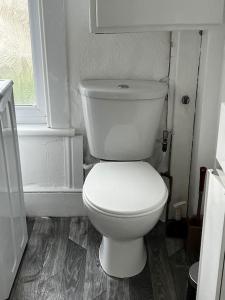 a white toilet in a bathroom with a window at Cosy one-bedroom furnished flat! in Seven Kings