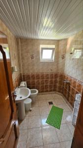 een badkamer met een wastafel, een toilet en een douche bij Karolina Guest House in Ohrid