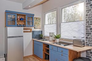 a kitchen with blue cabinets and a white refrigerator at Albatros - a17722 in Ueckeritz