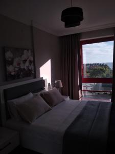 um quarto com uma cama grande e uma janela grande em City Center House em Antalya