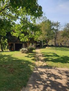 a dirt road in front of a house with trees at Log cabin in Belgrade