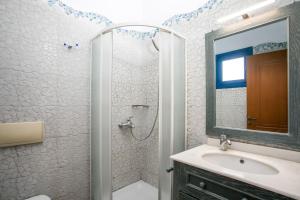 a bathroom with a shower and a sink and a mirror at Villa Kaya in Haraki