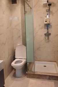 La salle de bains est pourvue d'une douche et de toilettes. dans l'établissement Bel appartement au centre de Casa, à Casablanca