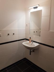 een witte badkamer met een wastafel en een spiegel bij Houterhoeve in Swalmen
