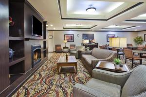 a living room with furniture and a fireplace at Holiday Inn Express and Suites Wheeling, an IHG Hotel in Triadelphia