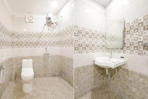 two pictures of a bathroom with a toilet and a sink at FabHotel Prime JVS Beauty Green Resorts in Venkatāpur
