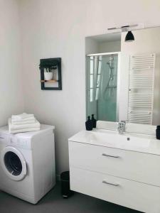 a bathroom with a washing machine and a sink at Appartement duplex cosy in Cormicy