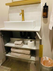 a bathroom with a sink and towels on a shelf at Executive Studio Apartment in Sandton in Johannesburg