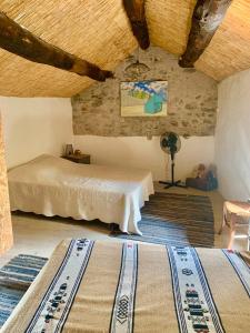 a bedroom with two beds in a room with a ceiling at Grande maison cévenole authentique in Valleraugue