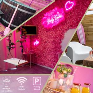 a collage of pictures of a room covered in pink stuff at Pinky Room in Saint-Julien