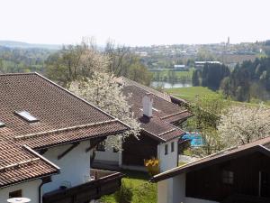 vistas a los tejados de las casas con árboles en Appartement in Raßreuth mit gemeinsamem Pool, Garten und Grill en Hauzenberg