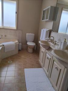 ein Badezimmer mit einem Waschbecken, einem WC und einem Spiegel in der Unterkunft Mansion @ the Coast in Albion Park