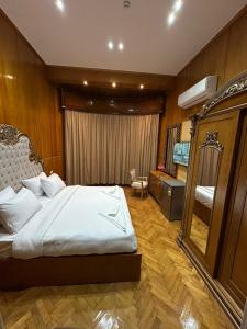 um quarto de hotel com uma cama e uma secretária em CASTELLO HOTEL em Cairo