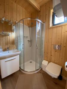 W łazience znajduje się prysznic, umywalka i toaleta. w obiekcie Domki nad Kukówkiem w mieście Wdzydze Tucholskie