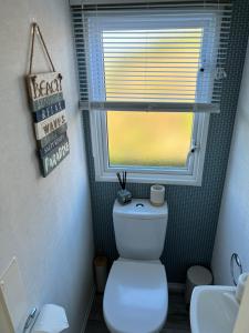 a bathroom with a white toilet and a window at Platinum caravan holidays in Port Seton