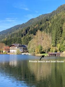 a lake with a resort and a boat house at Studio für 2 Personen 1 Kind ca 40 qm in Feld am See, Kärnten Brennsee in Feld am See