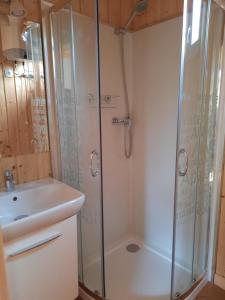 W łazience znajduje się prysznic i umywalka. w obiekcie Domki nad Kukówkiem w mieście Wdzydze Tucholskie