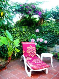 una silla rosa sentada en un patio con flores en Appartement in Barano d Ischia mit schöner Terrasse, en Isquia