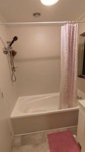 a bathroom with a bath tub with a shower curtain at Bowmont in Invercargill