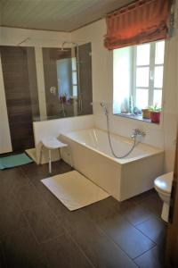 a bathroom with a tub and a shower and a toilet at Jut Stuff - Familienfreundliche Wohnung in Rommersheim mit großem Garten in Rommersheim