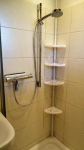 a bathroom with a shower with shelves on the wall at Bungalow 5566 in Tossens in Butjadingen OT Tossens
