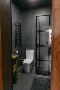 a bathroom with a toilet and a glass shower at Hotel Dynasty in Kamianets-Podilskyi