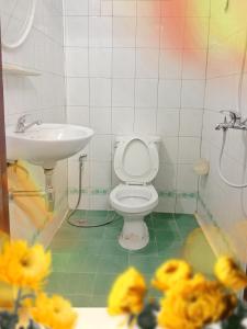 a small bathroom with a toilet and a sink at VangVieng Ruby'Homestay in Vang Vieng