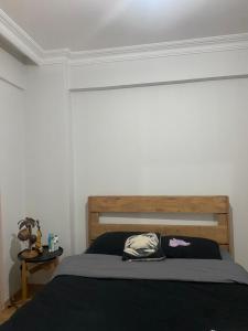a bedroom with a bed with a wooden headboard at Kiralık in Istanbul