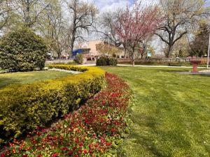 ogród z czerwonymi i żółtymi kwiatami w parku w obiekcie ЛАЗАРОВИ w mieście Chisaria
