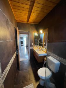 Un baño con inodoro, lavabo y espejo. en El Portal, en Posadas