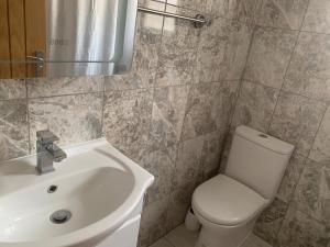 uma casa de banho com um WC branco e um lavatório. em Private room, renovated with large size white desk In SE9 6PG em Londres