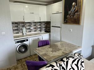 eine Küche mit einer Spüle und einer Waschmaschine in der Unterkunft Gardenya Lara Suit Hotel in Antalya