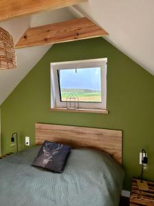 a green bedroom with a bed and a window at Chatka między brzozami nieopodal Wkry in Goławice