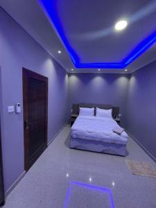 een slaapkamer met een bed met een blauw plafond bij Ranchdale Apartments in Lusaka