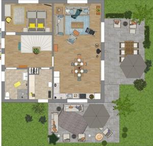 ein Grundriss einer Terrasse mit Tisch und Stühlen in der Unterkunft Ferienhaus Am Hafen 11 Altwarp mit Sauna, Kamin und Wasserblick in Altwarp + 10 Fotos