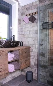 un baño con lavabo y ducha en B&B de Witte Weide, en Nieuwlande