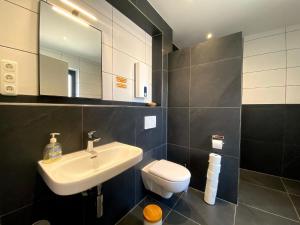 La salle de bains est pourvue d'un lavabo, de toilettes et d'un miroir. dans l'établissement Ferienwohnung am Weiher - Wohnung 3 - Für 2 Personen, à Nideggen
