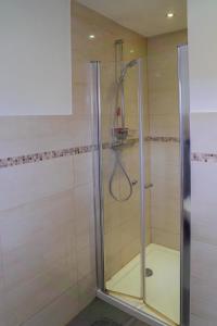 a shower with a glass door in a bathroom at Schleiblick App 10 in Rabenkirchen-Faulück