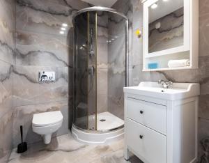 La salle de bains est pourvue d'une douche, de toilettes et d'un lavabo. dans l'établissement Marina Gdańsk Cosy Studio, à Gdańsk