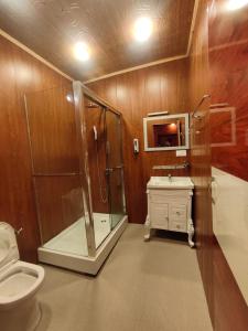 a bathroom with a shower and a toilet and a sink at Heritage Amina Group of Houseboats in Srinagar