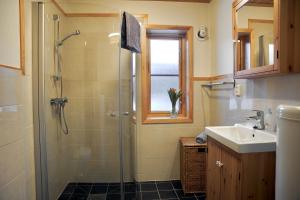 a bathroom with a shower and a sink at Cabin Huskyfarm Innset in Innset