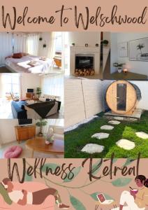 a collage of photos of a living room and a bedroom at Welschwood Holiday Retreat with Sauna in Gerstetten