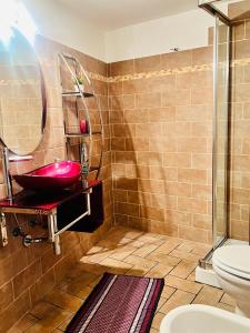 bagno con lavandino rosso e servizi igienici di Casa dell Artista Tameró HolyDay Apartments a Montopoli in Sabina